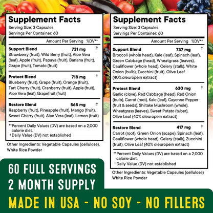 Superfood MD 720 whole food capsules packaging displaying gluten free and soy free dietary supplement benefits
