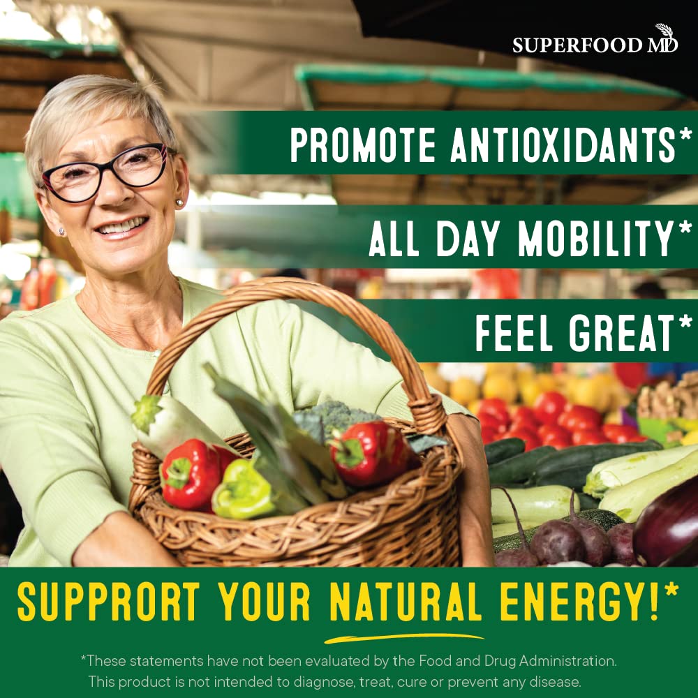 Superfood MD premium daily multi fruit and veggie vegan capsules close up view of nutritional supplement bottles
