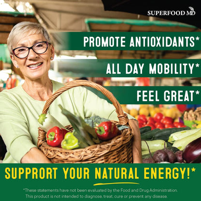 Superfood MD premium daily multi fruit and veggie vegan capsules close up view of nutritional supplement bottles