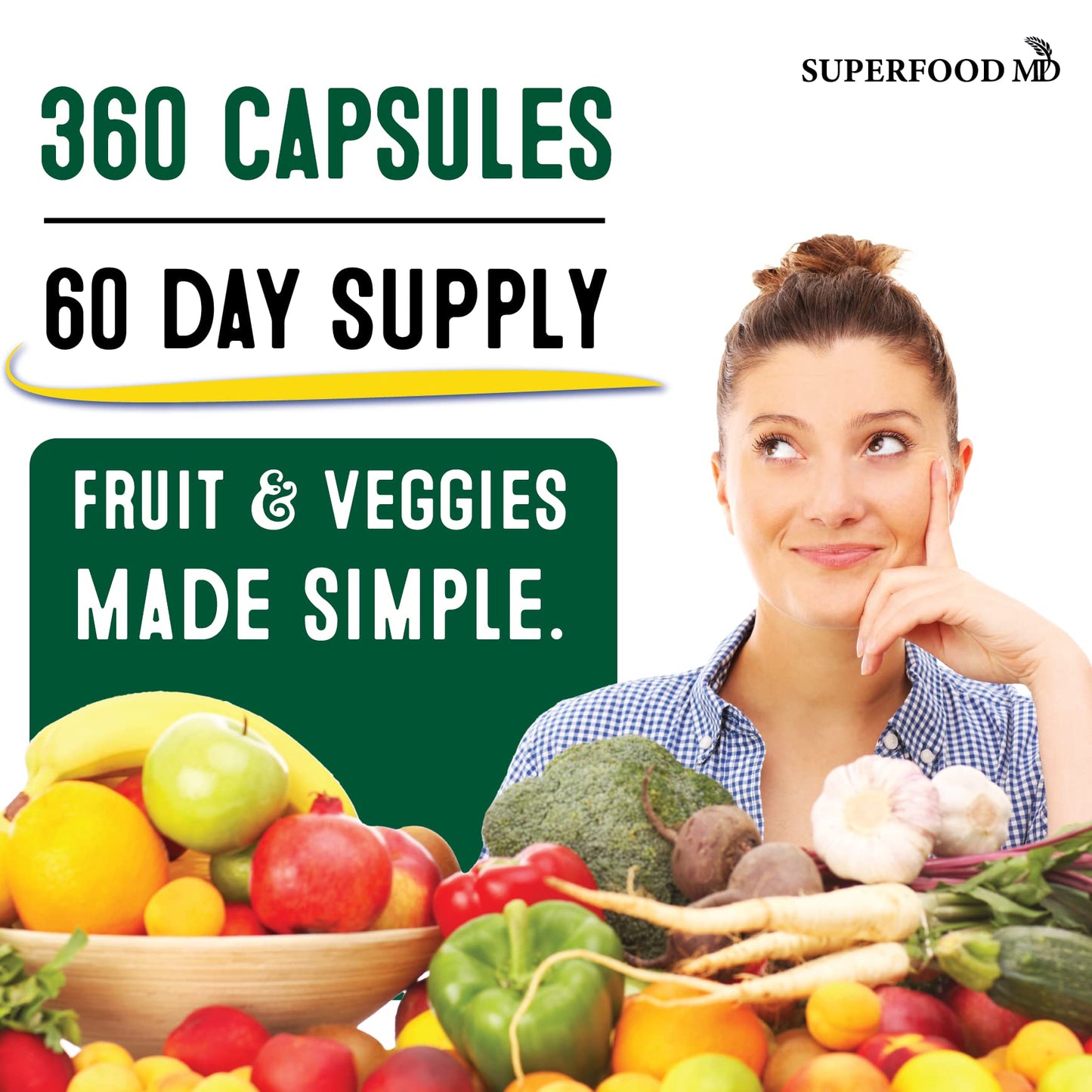 Superfood MD imported whole food vitamins showing fruit extract and vegetable extract supplement ingredients