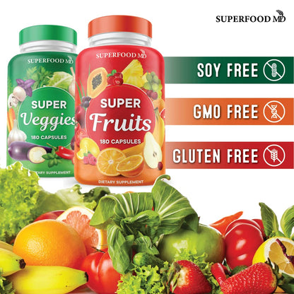 Superfood MD natural energy and immune support supplement pack of four bottles on clean background