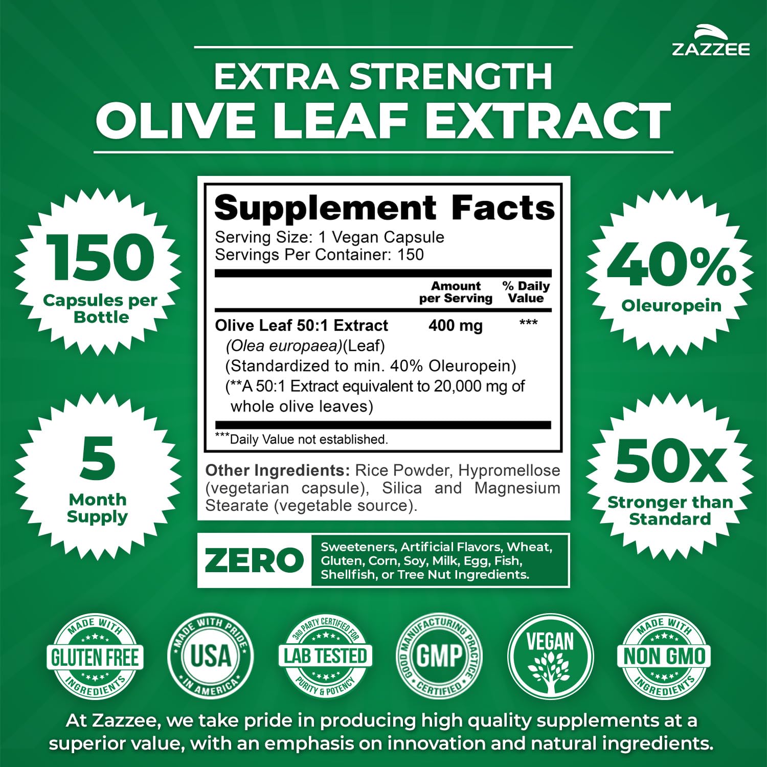 Zazzee Naturals Olive Leaf Extract bottle showing supplement facts label and 40 percent oleuropein specification
