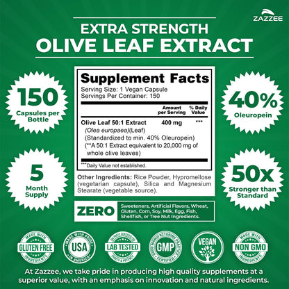 Zazzee Naturals Olive Leaf Extract bottle showing supplement facts label and 40 percent oleuropein specification
