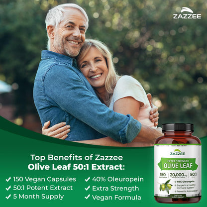 Side view of Zazzee 50 to 1 olive leaf extract bottle detailing 20000mg strength equivalent