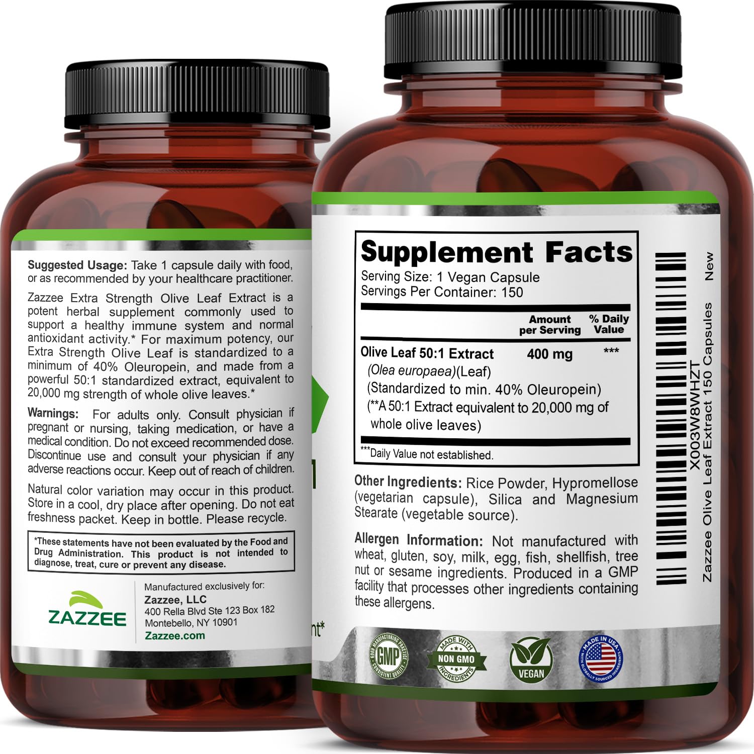 Zazzee Naturals Olive Leaf antioxidant supplement displaying premium Mediterranean source ingredients