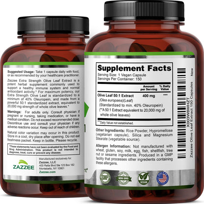Zazzee Naturals Olive Leaf antioxidant supplement displaying premium Mediterranean source ingredients