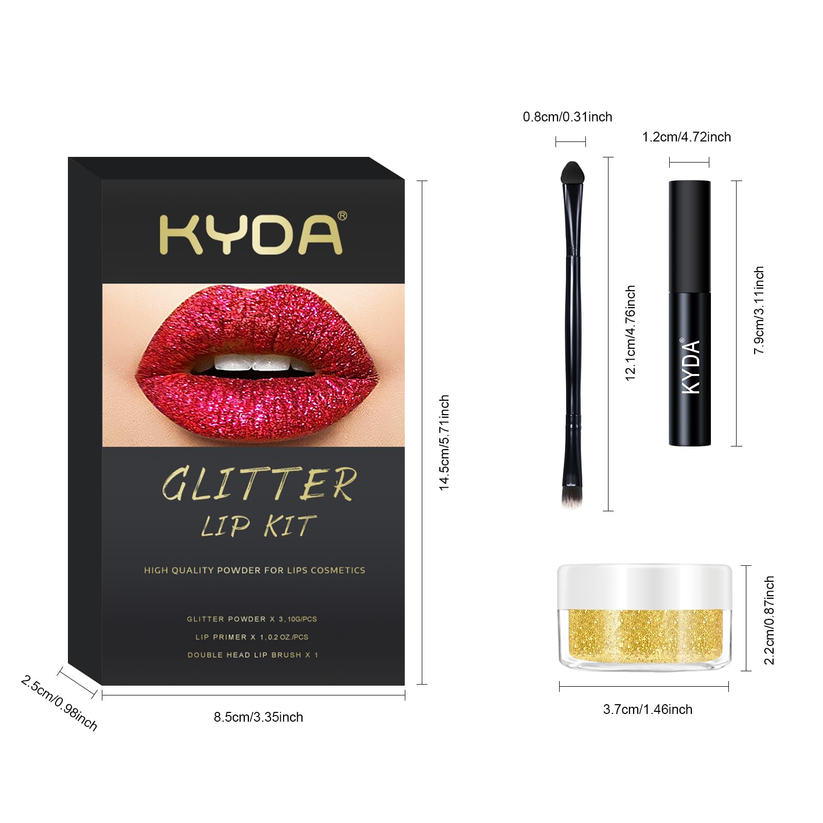 Professional glitter lip makeup look using Kyda kit