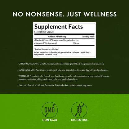 Swanson Olive Leaf Extract label showing 20% oleuropein potency