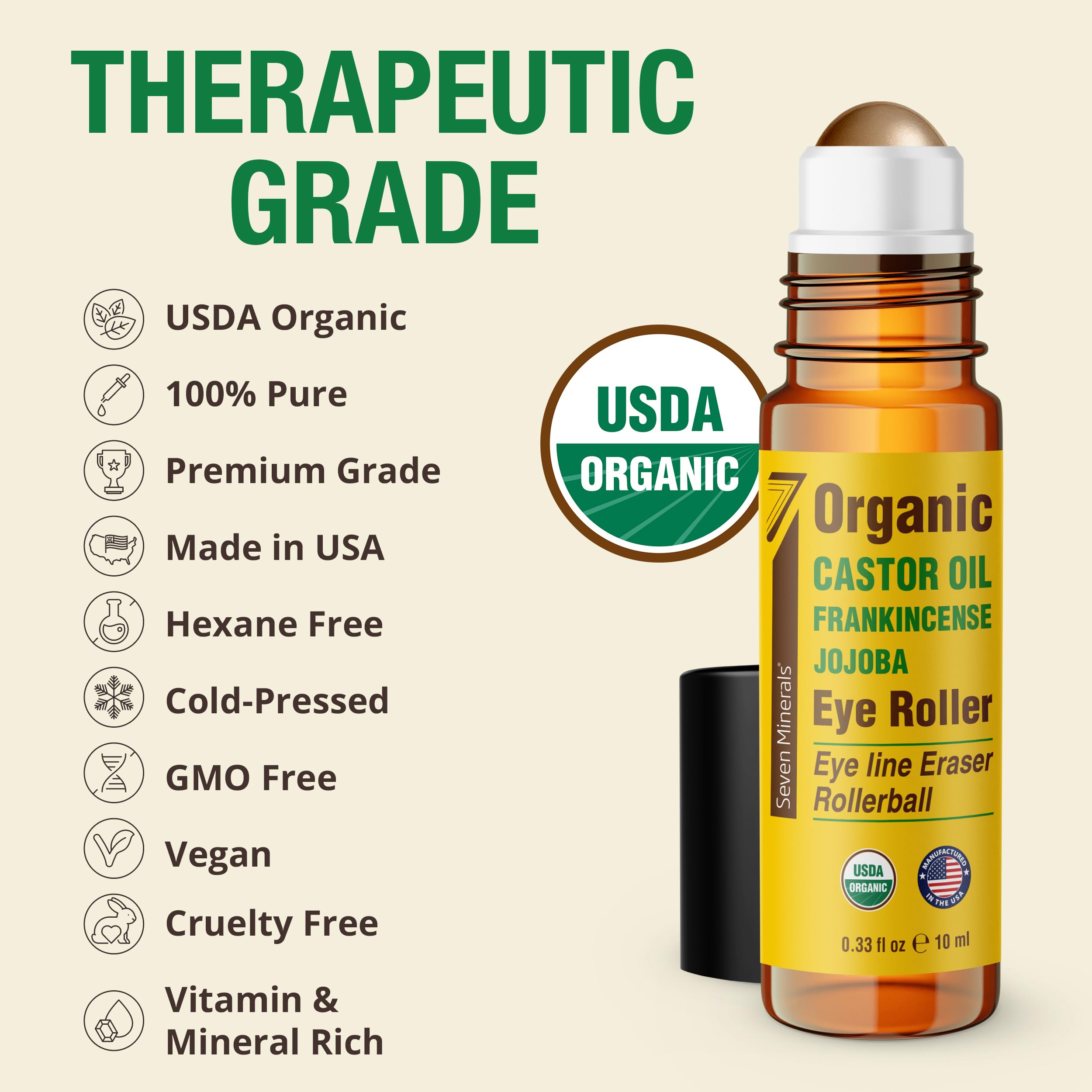 Premium packaging of Seven Minerals castor oil and frankincense eye blend for dark circles.