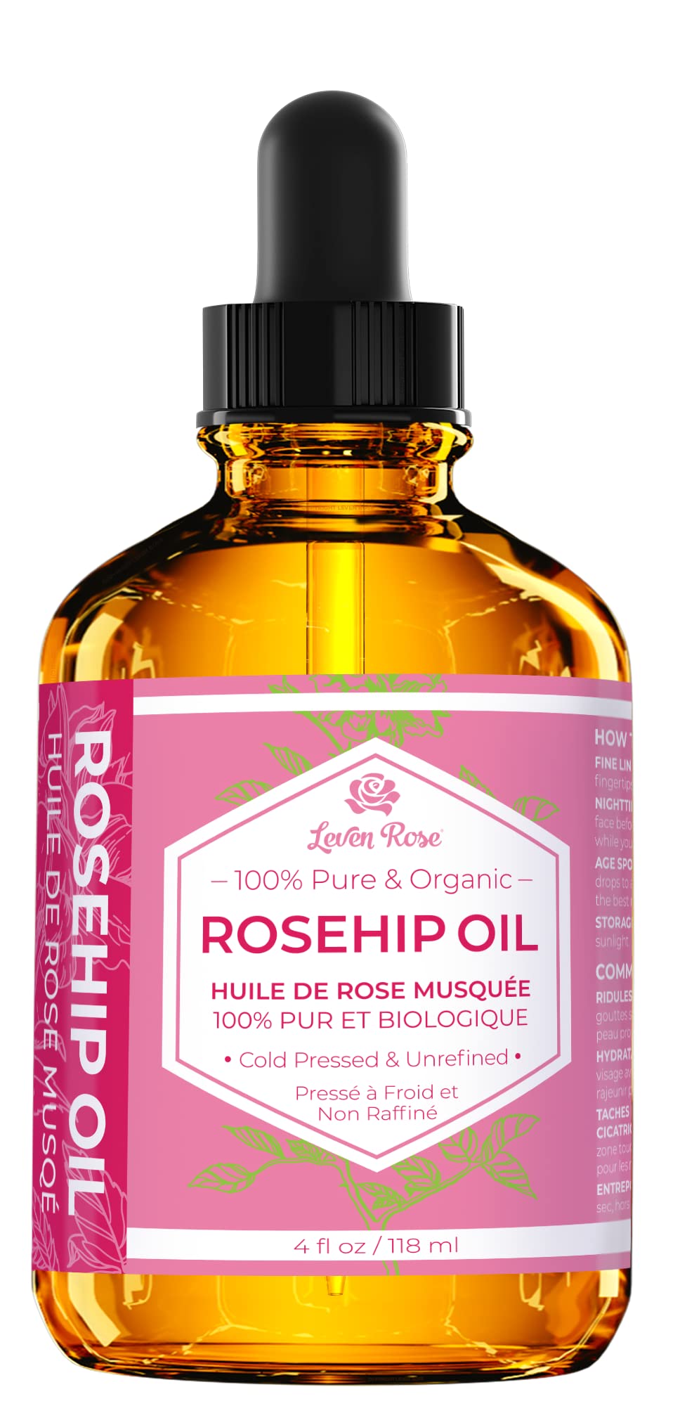 Pure cold pressed rosehip oil dropper applicator showing texture and color