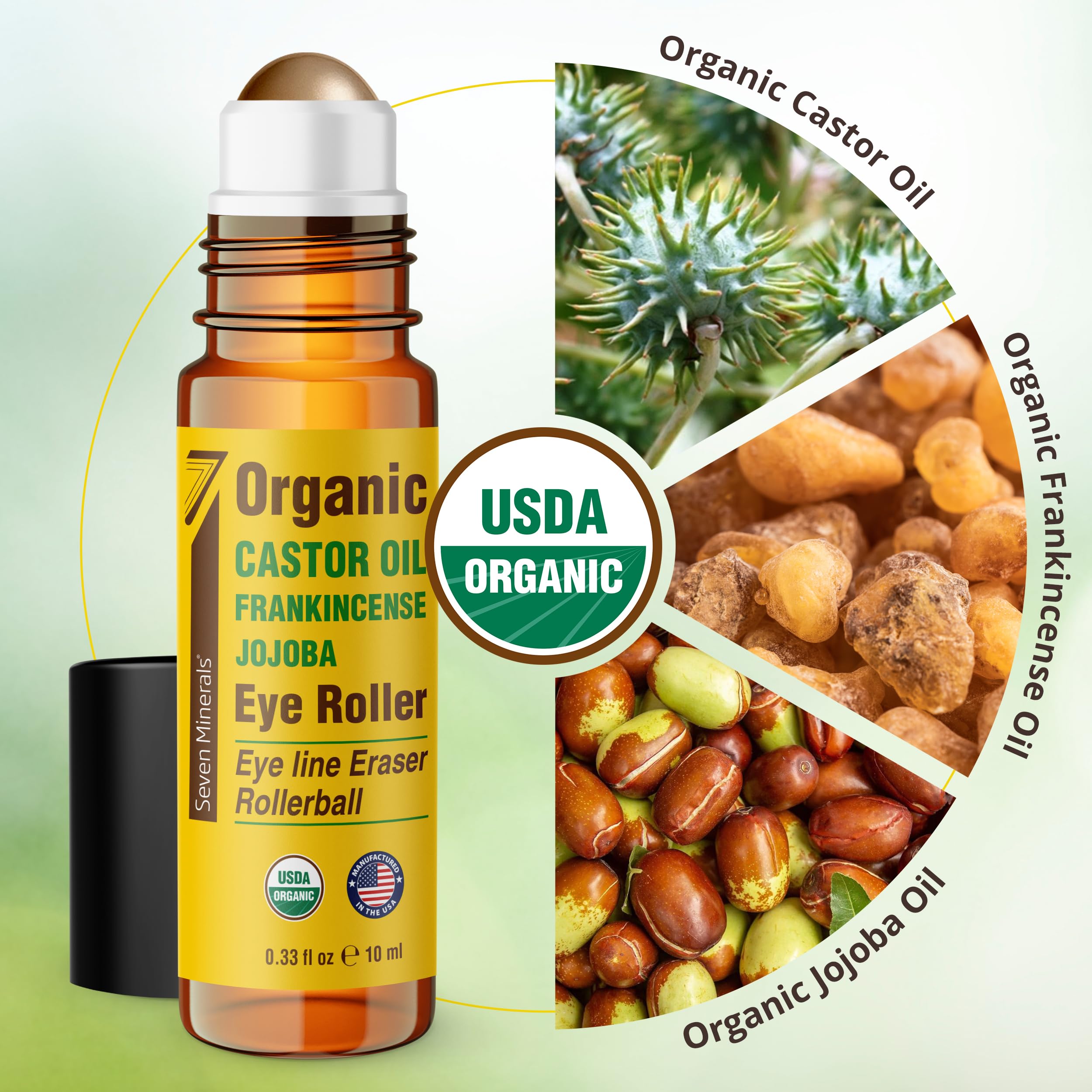 Side angle of the 0.33 fluid ounce Seven Minerals castor oil eye contour roller.