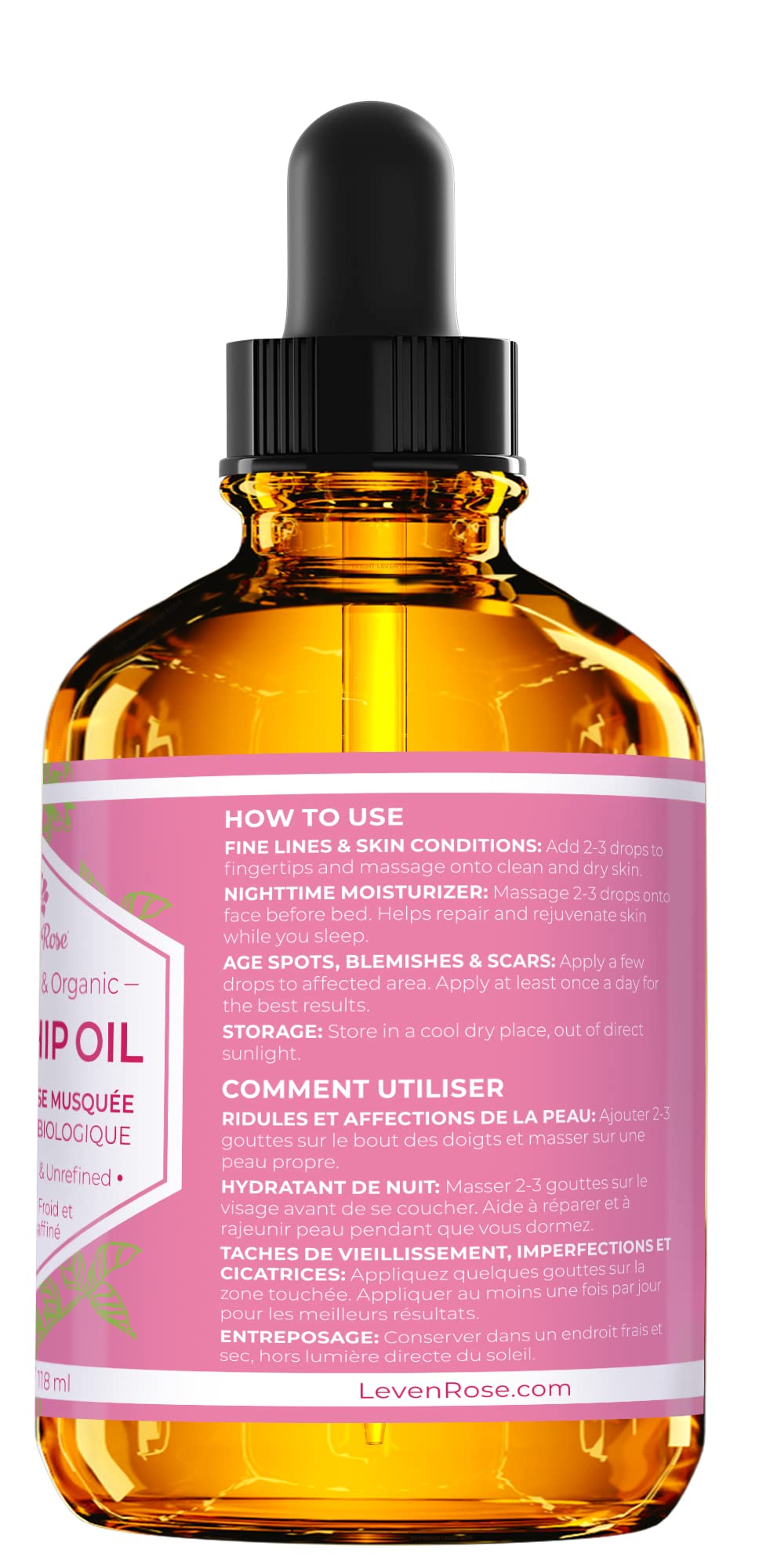 Unrefined organic rosehip seed oil packaging details and ingredients label