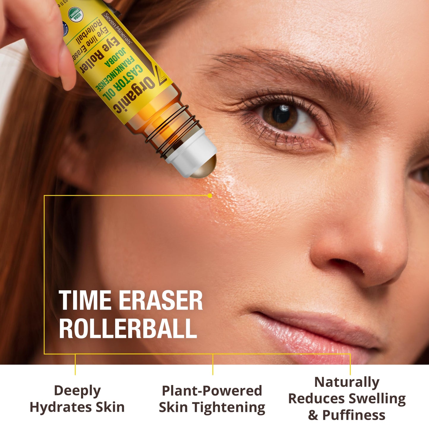 Compact travel-friendly design of the Seven Minerals organic eye roller for wrinkles.