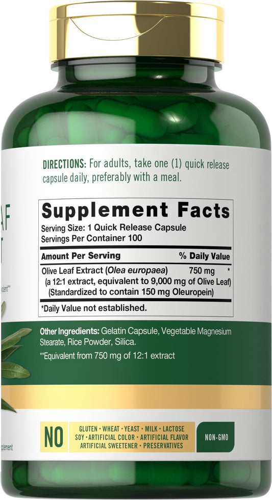 Carlyle Olive Leaf Extract capsules bottle showing 150mg oleuropein standardized formulation info