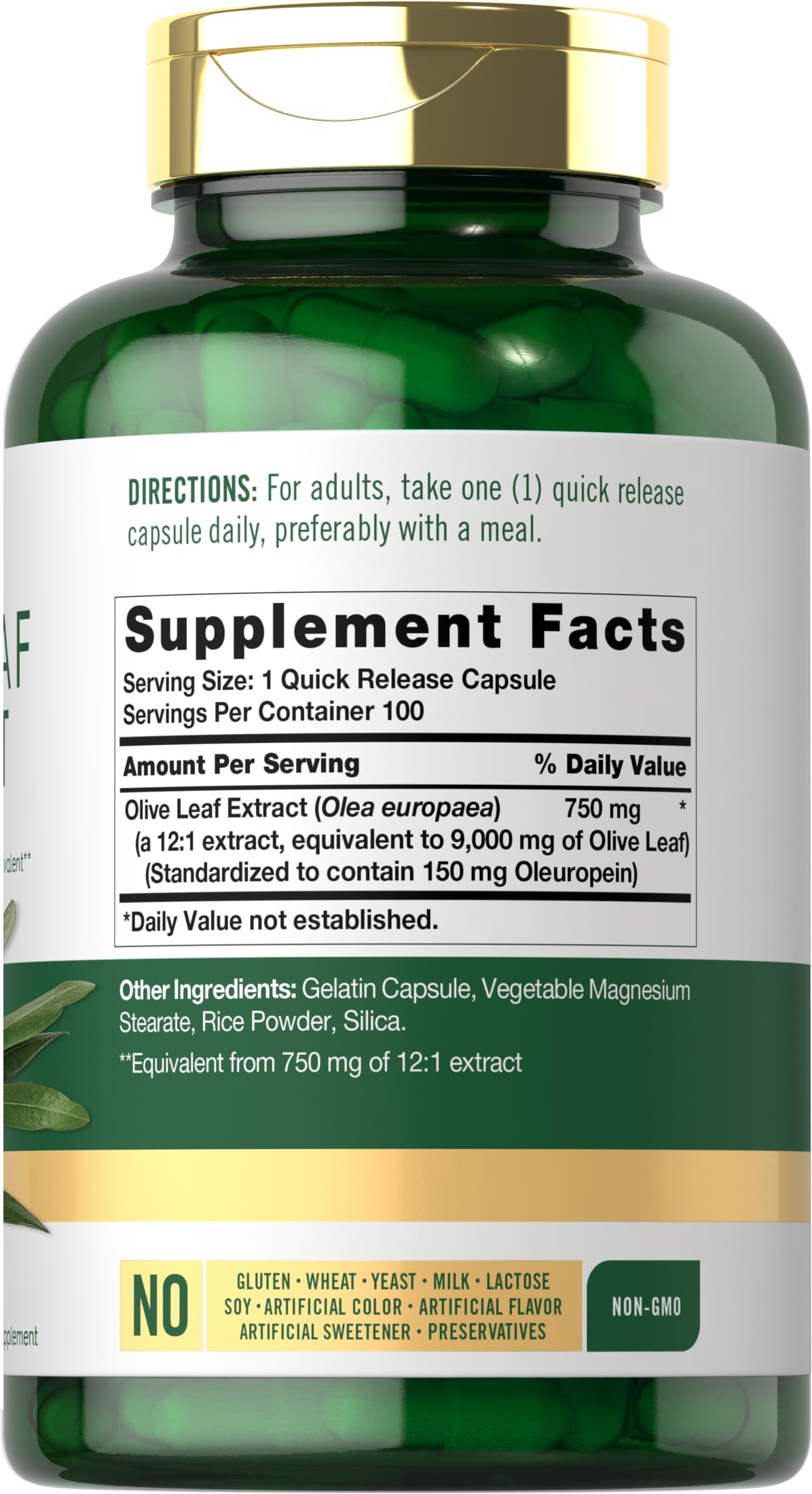 Carlyle Olive Leaf Extract capsules bottle showing 150mg oleuropein standardized formulation info