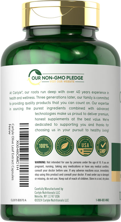 Back label view of Carlyle Olive Leaf Extract 9000mg dietary supplement details