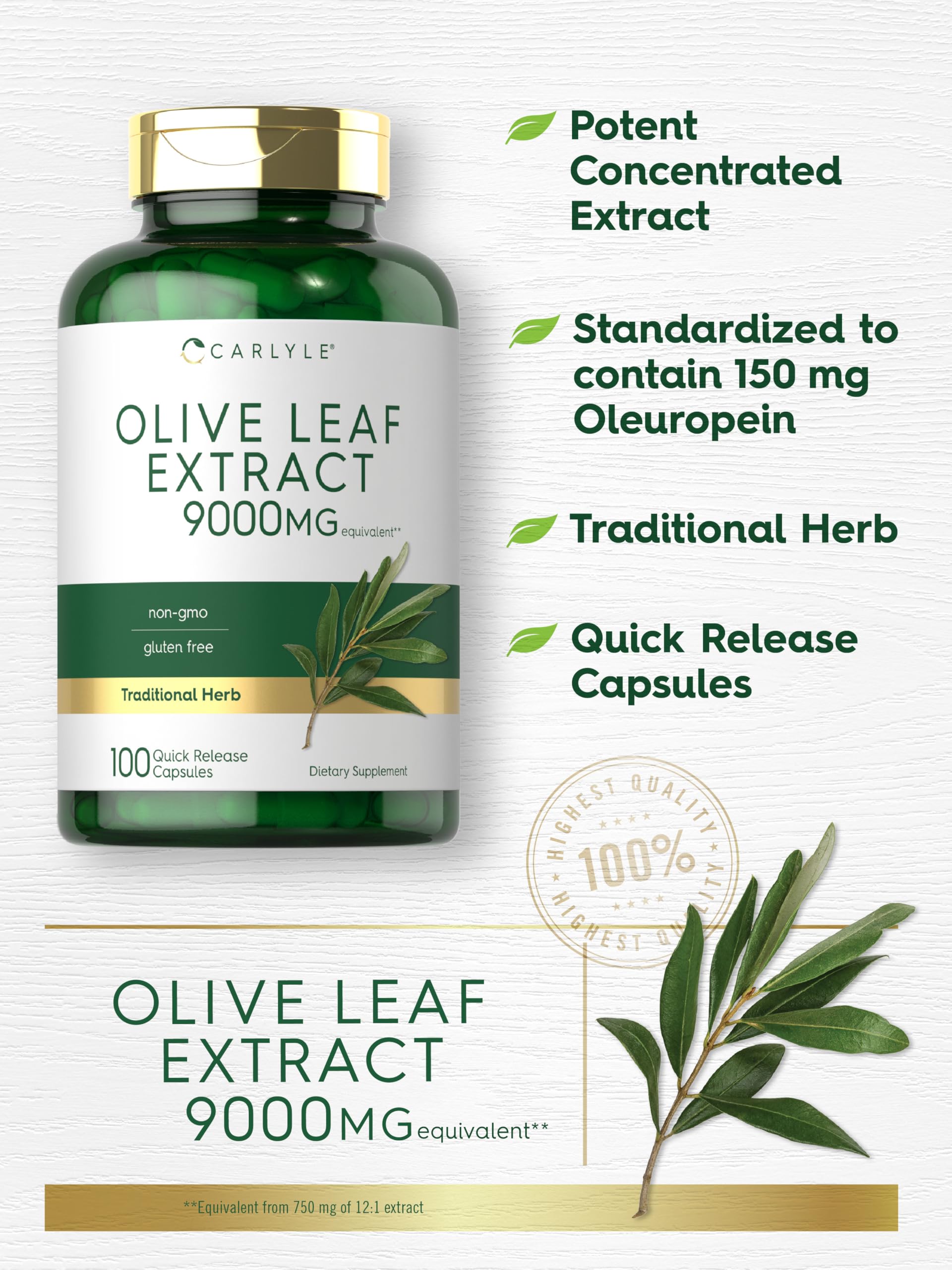 Quick release capsules of Carlyle Olive Leaf Extract displayed next to premium packaging