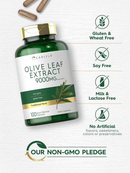 Non-GMO and gluten free certification logos on Carlyle Olive Leaf packaging
