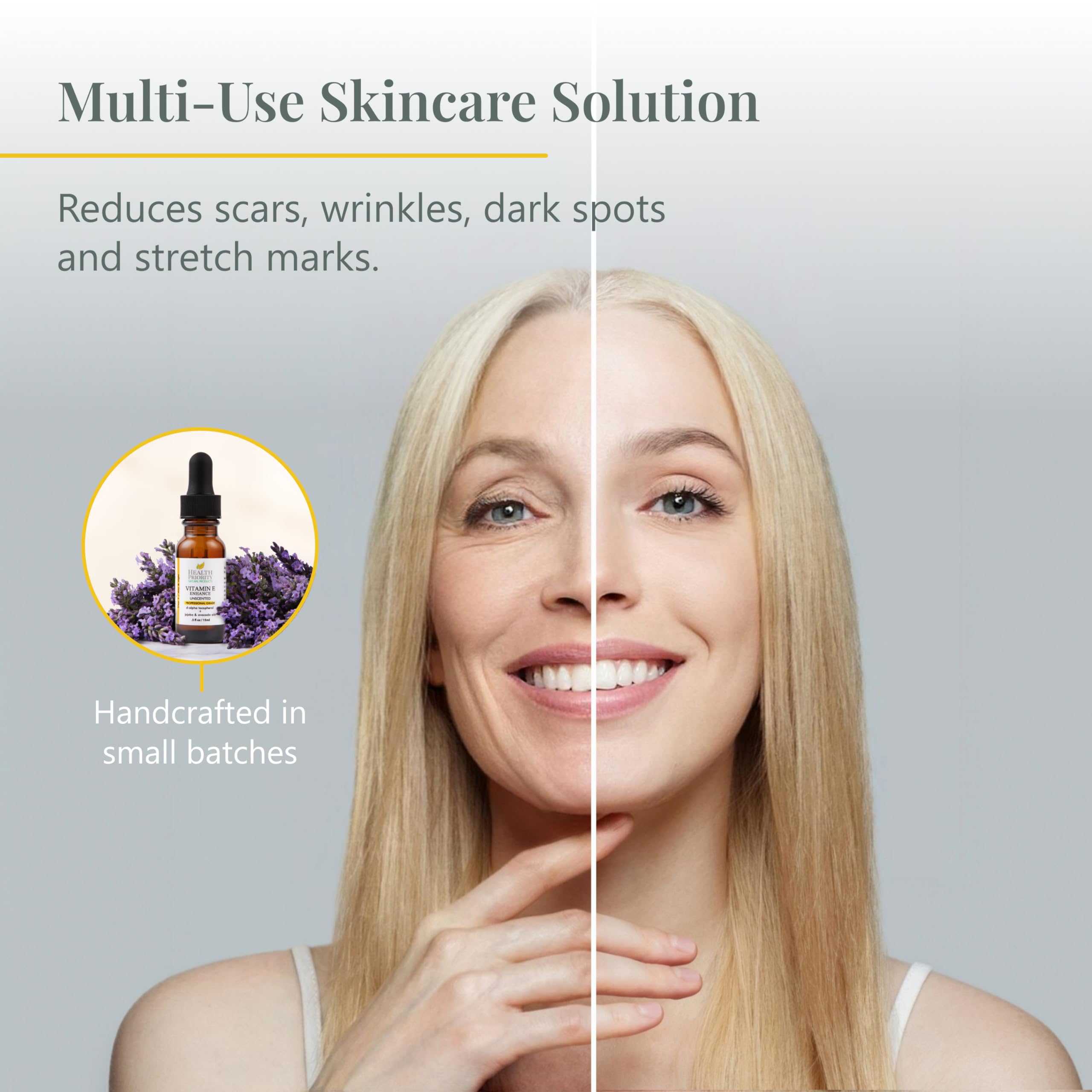 Health Priority Natural Products 15000 IU unscented vitamin E serum container on a clean background