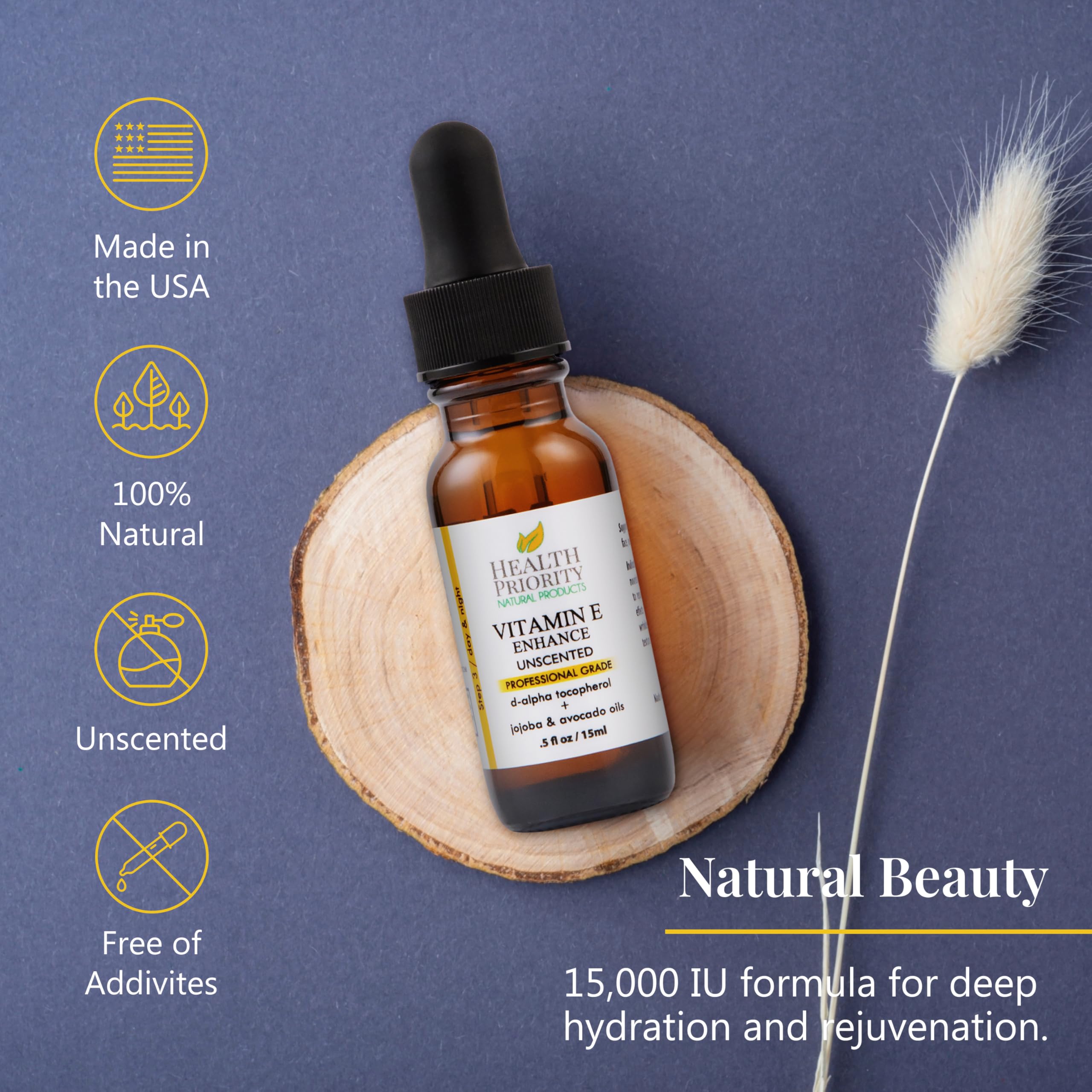 Handcrafted vitamin E skin serum bottle with easy to use dropper for fine lines and dark spots