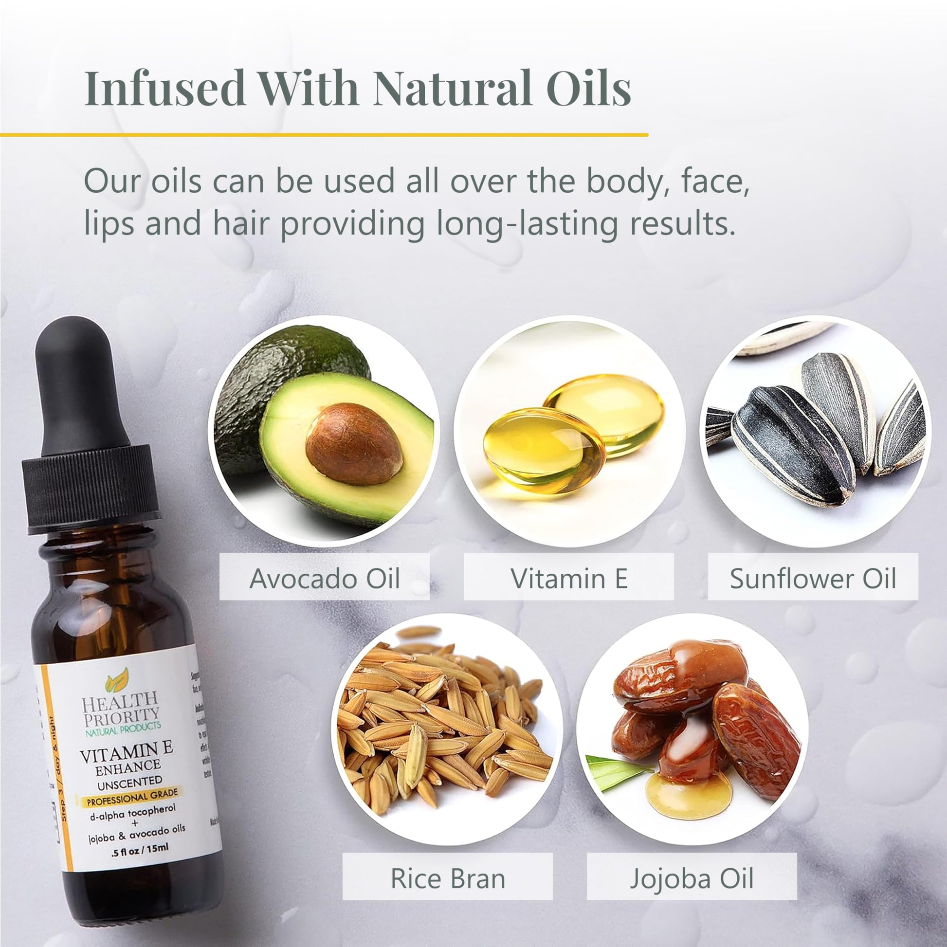 Premium Health Priority Naturals organic hair and skin moisturizer fluid application display