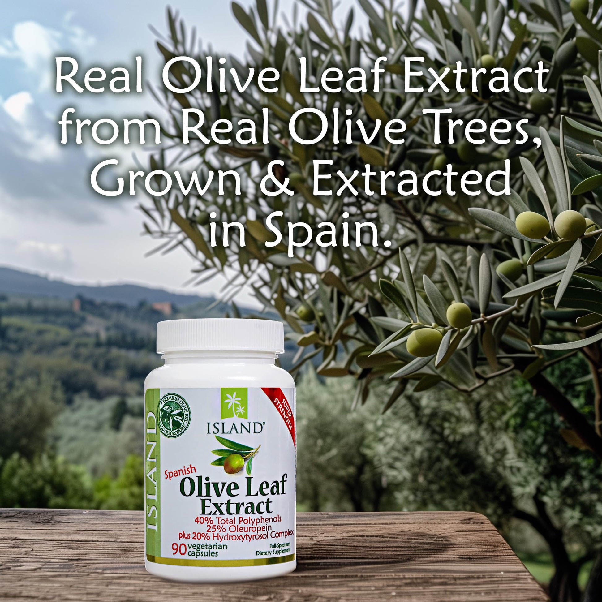 Island Nutrition European olive leaf extract packaging displaying the non-GMO Spanish origin emblem