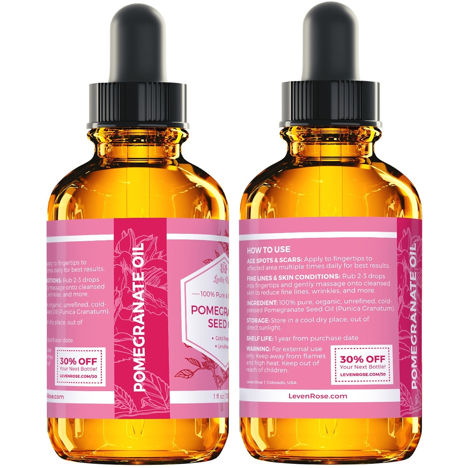 Dark amber glass bottle of Leven Rose oil protecting product freshness
