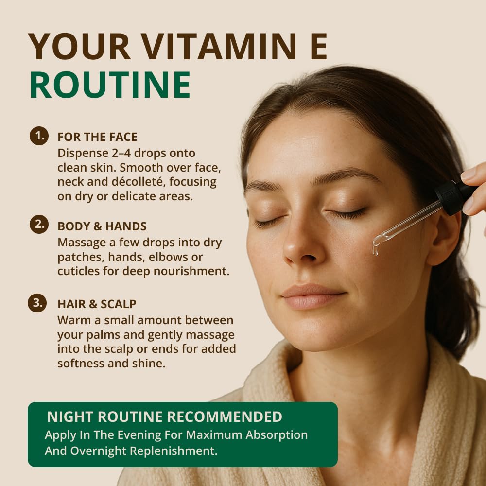 Natural vitamin E oil face moisturizer ingredient label displaying jojoba and rosehip