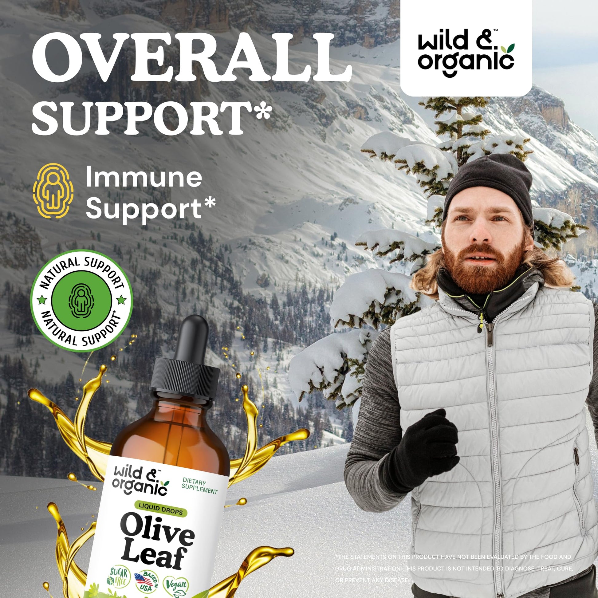Wild and Organic alcohol free olive leaf tincture showing standard supplement facts and directions