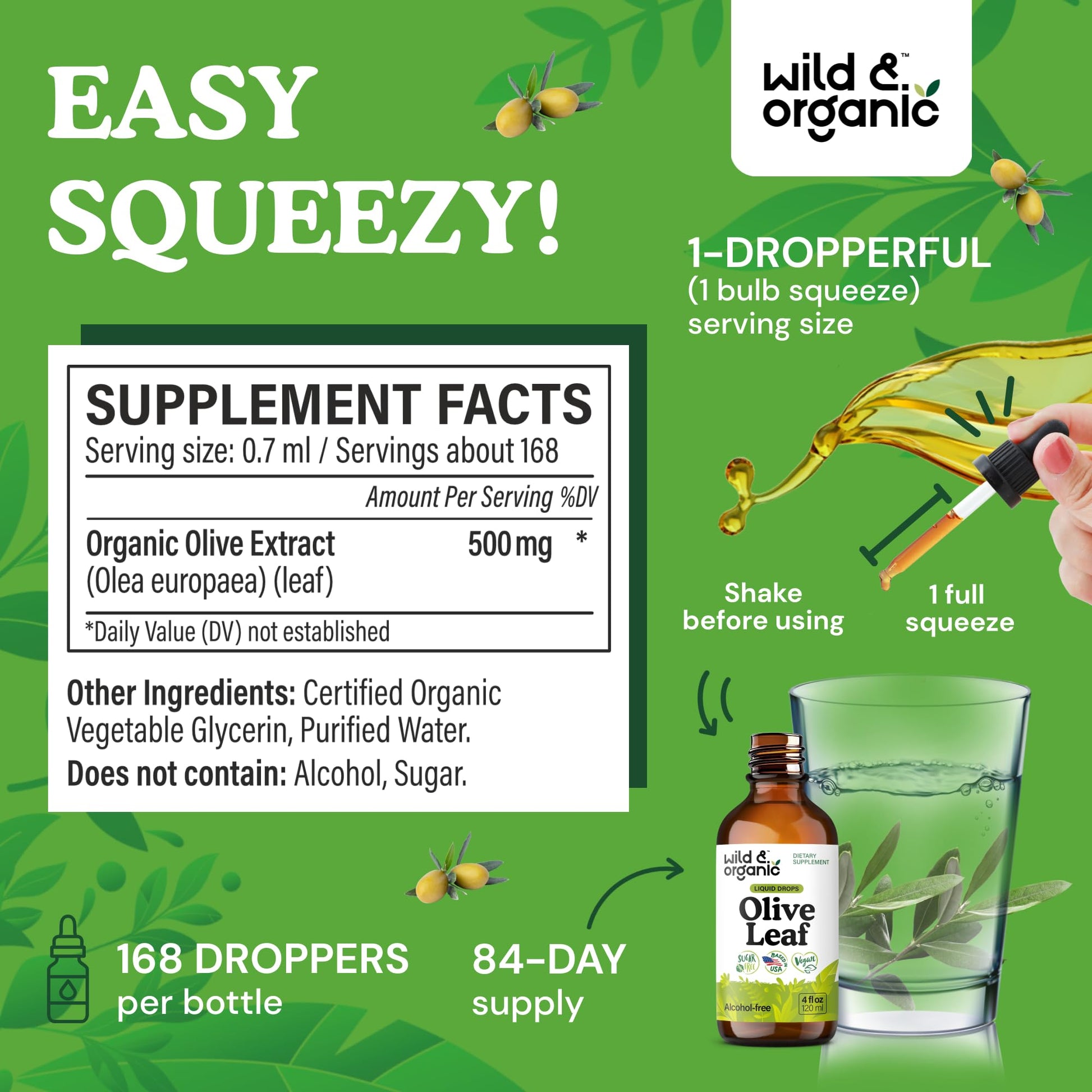 Wild and Organic 4 fluid ounce olive leaf liquid drops vegan formulation details
