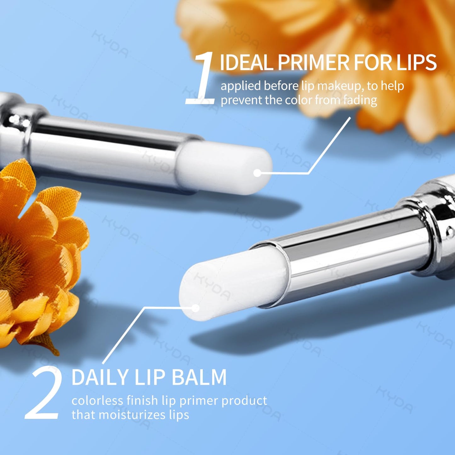 Close up of Kyda lip primer applicator and tube