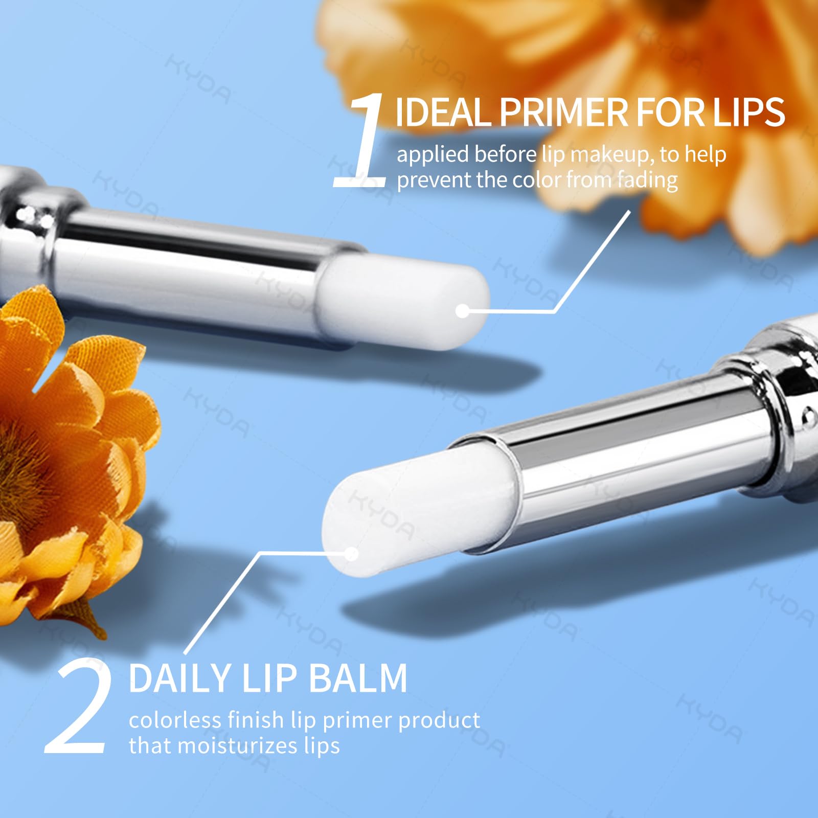 Close up of Kyda lip primer applicator and tube
