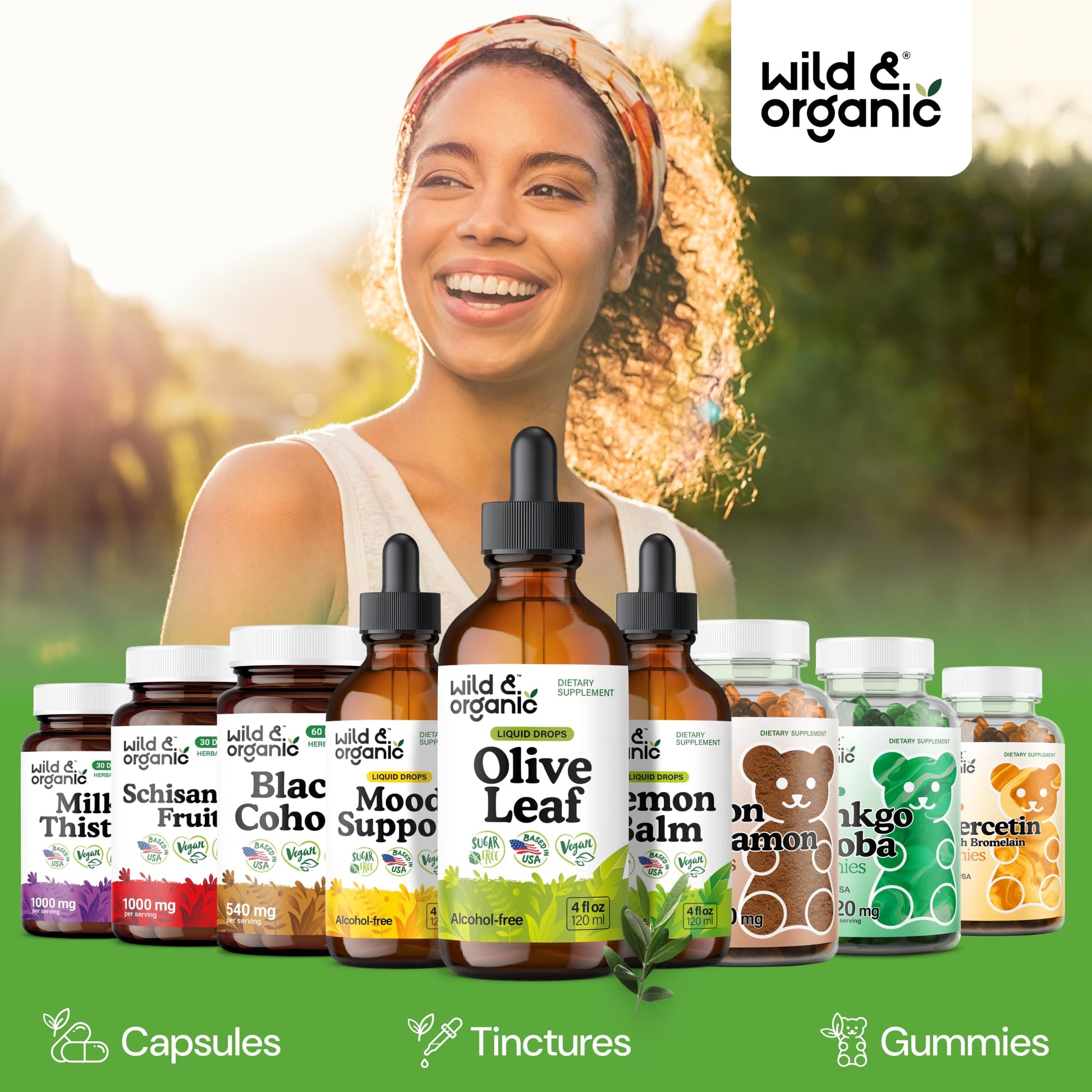 Wild and Organic sugar free olive leaf extract bottle showcasing natural glycerin base