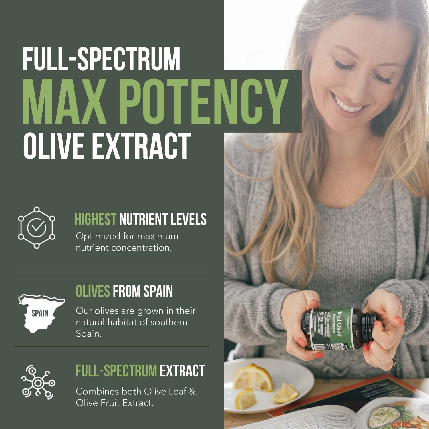Triquetra Total Olive supplement facts label showing oleuropein and hydroxytyrosol percentages