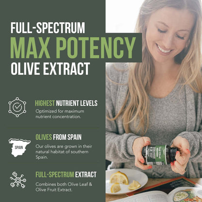 Triquetra Total Olive supplement facts label showing oleuropein and hydroxytyrosol percentages