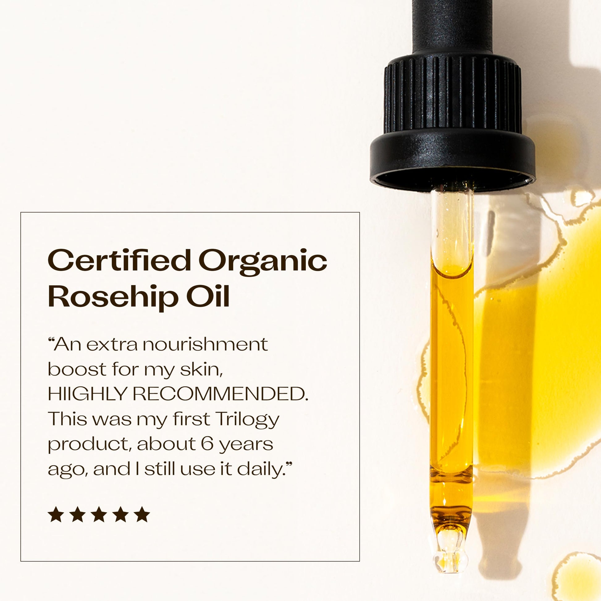 Natural Trilogy skincare rosehip oil bottle displaying organic certification