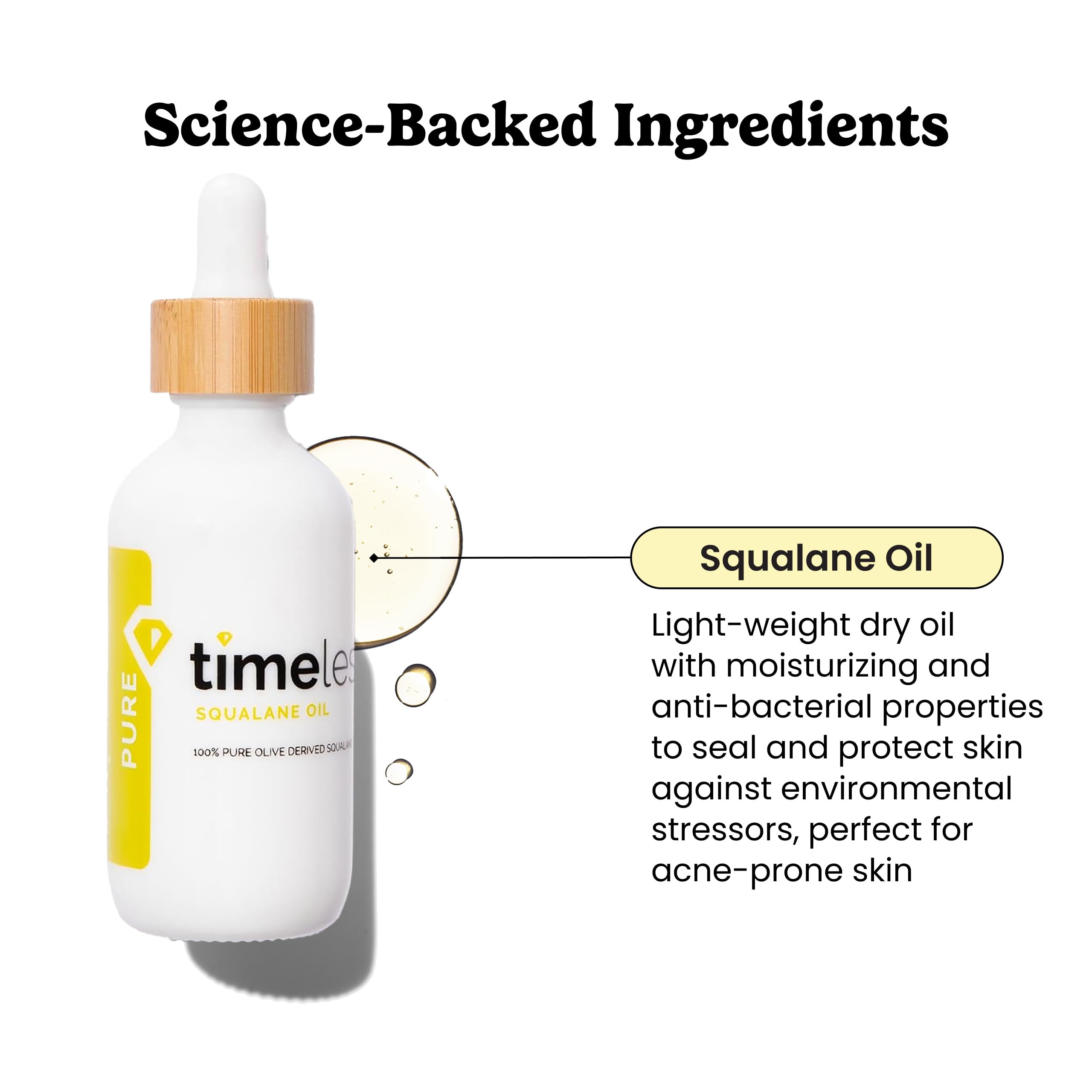 Plant based squalane facial oil by Timeless Skin Care for dry skin hydration