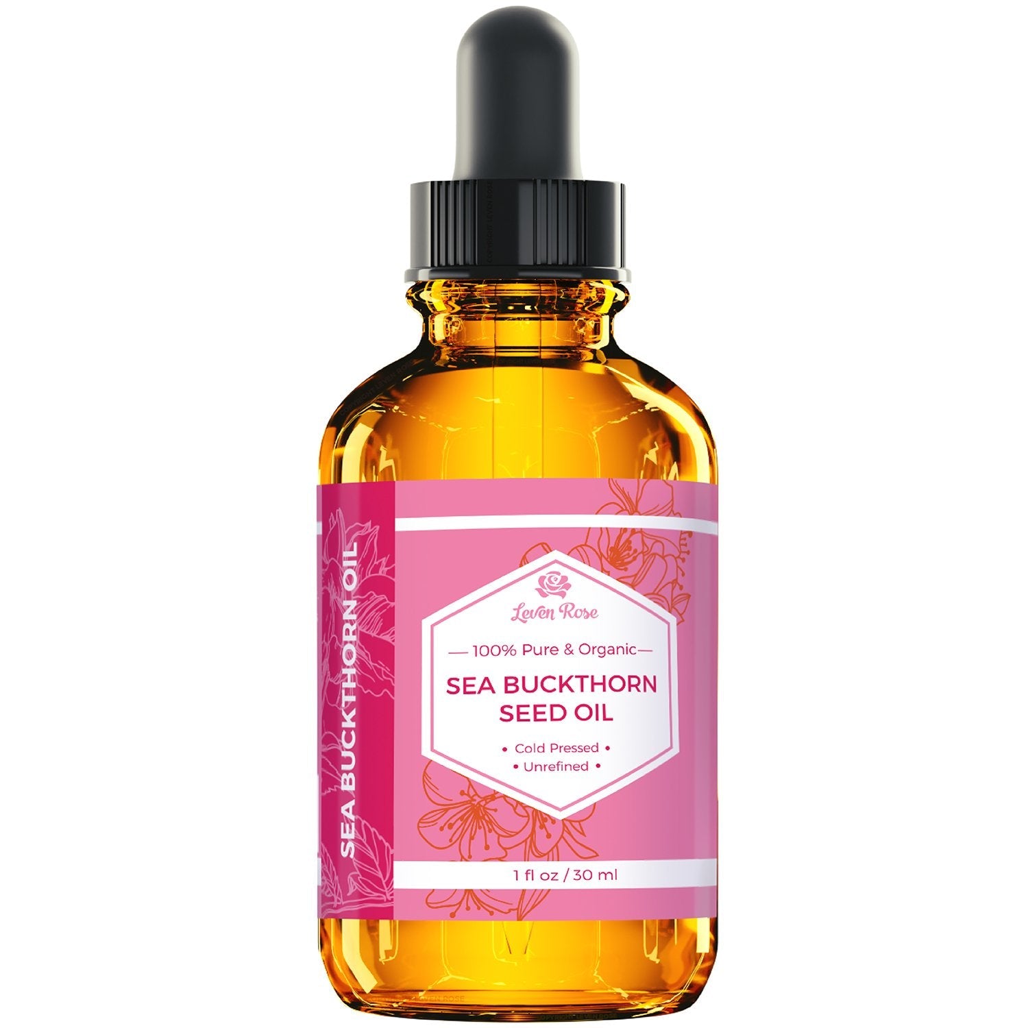 Leven Rose pure cold pressed sea buckthorn oil pink label closeup packaging detail