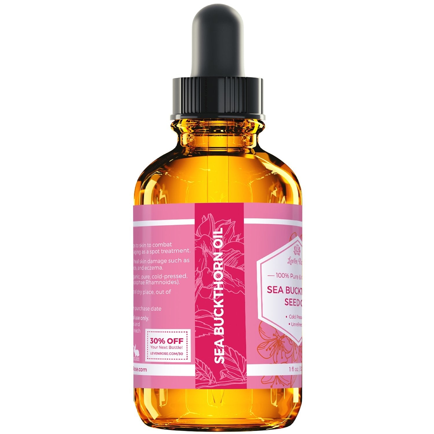 Unrefined sea buckthorn seed oil one fluid ounce bottle with glass dropper topper
