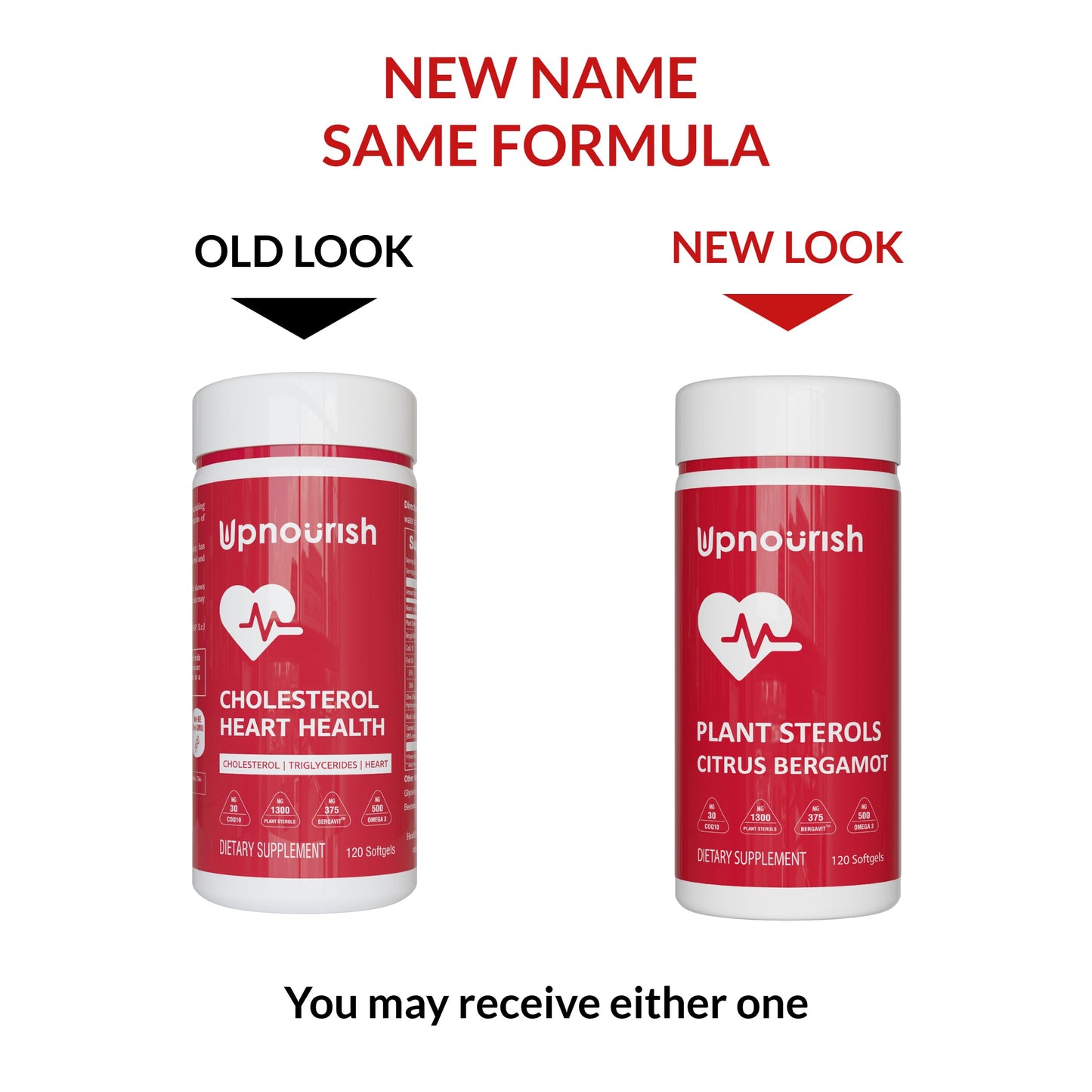 UpNourish 120 softgels packaging display illustrating natural antioxidant and blood pressure support benefits.