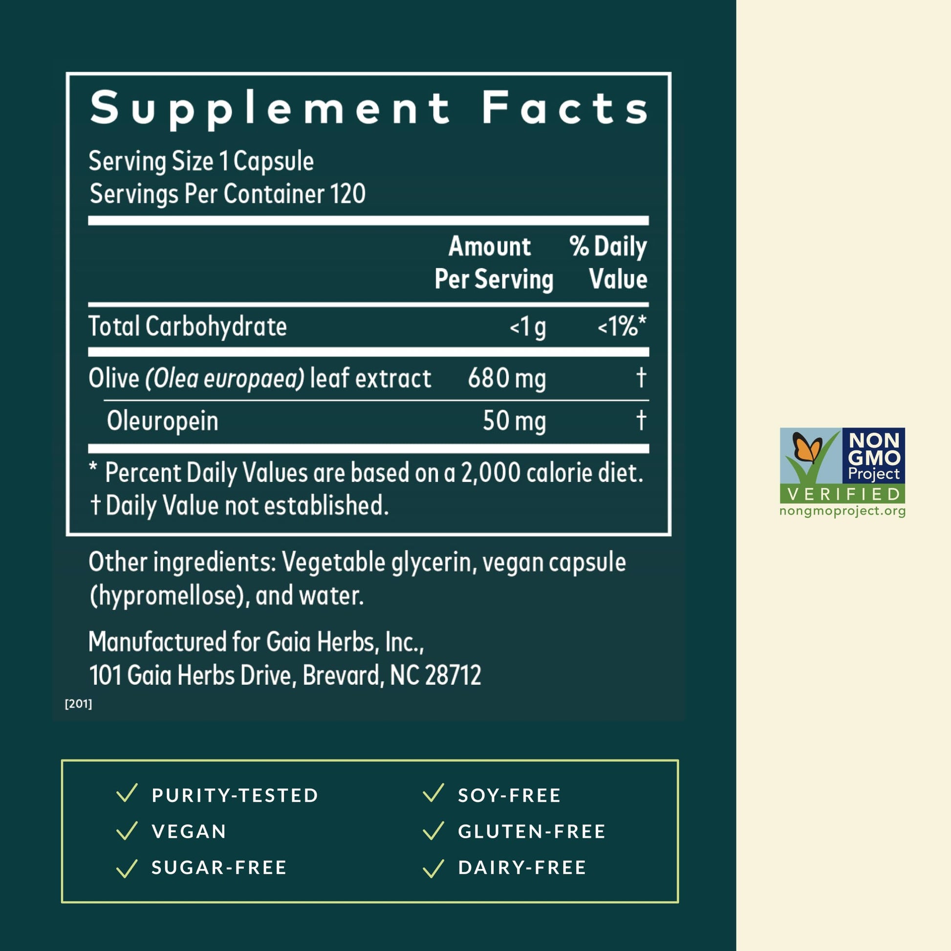 Gaia Herbs Olive Leaf supplement label details