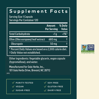 Gaia Herbs Olive Leaf supplement label details