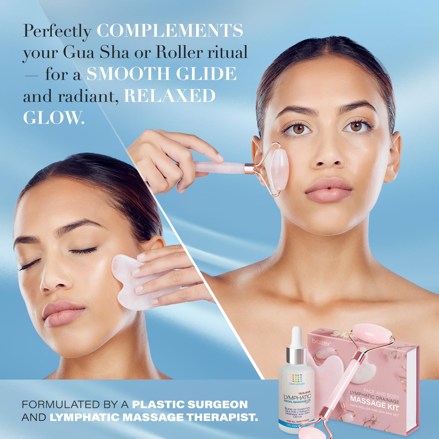 Bruizex lubricating face oil paired with a jade roller tool for reducing puffiness