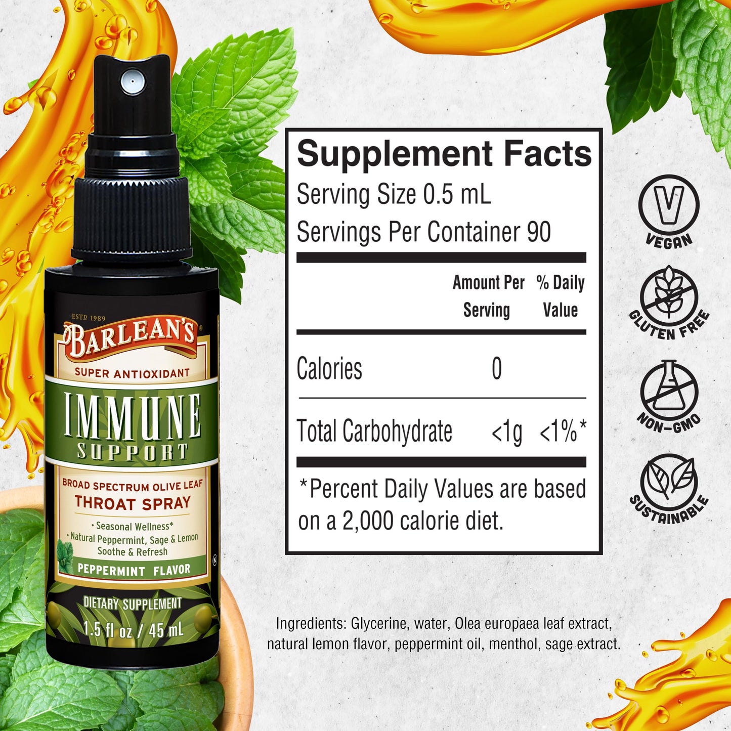 Side view of Barlean's peppermint and lemon throat spray packaging
