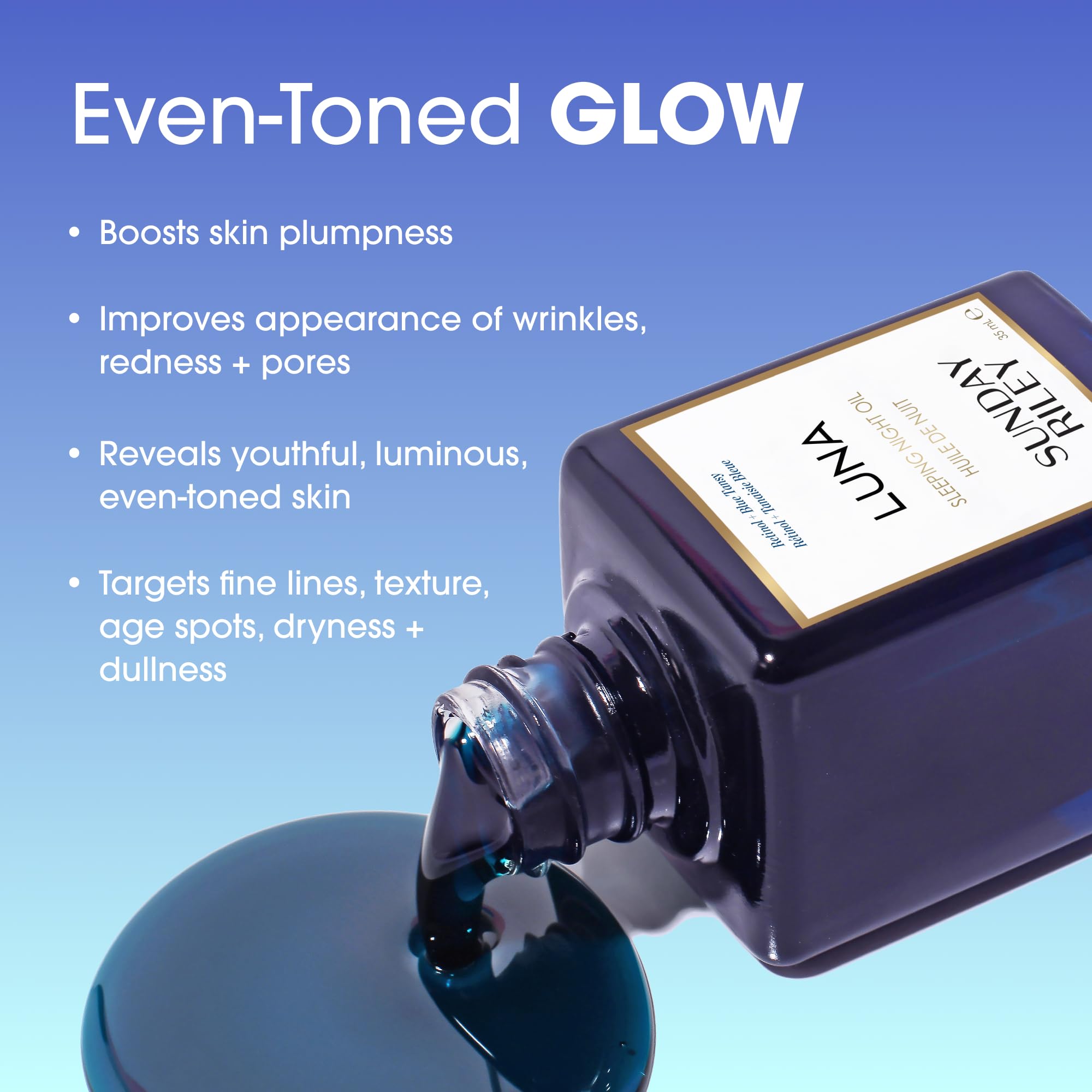 Sunday Riley Luna overnight treatment bottle showing the blue tinted retinol oil