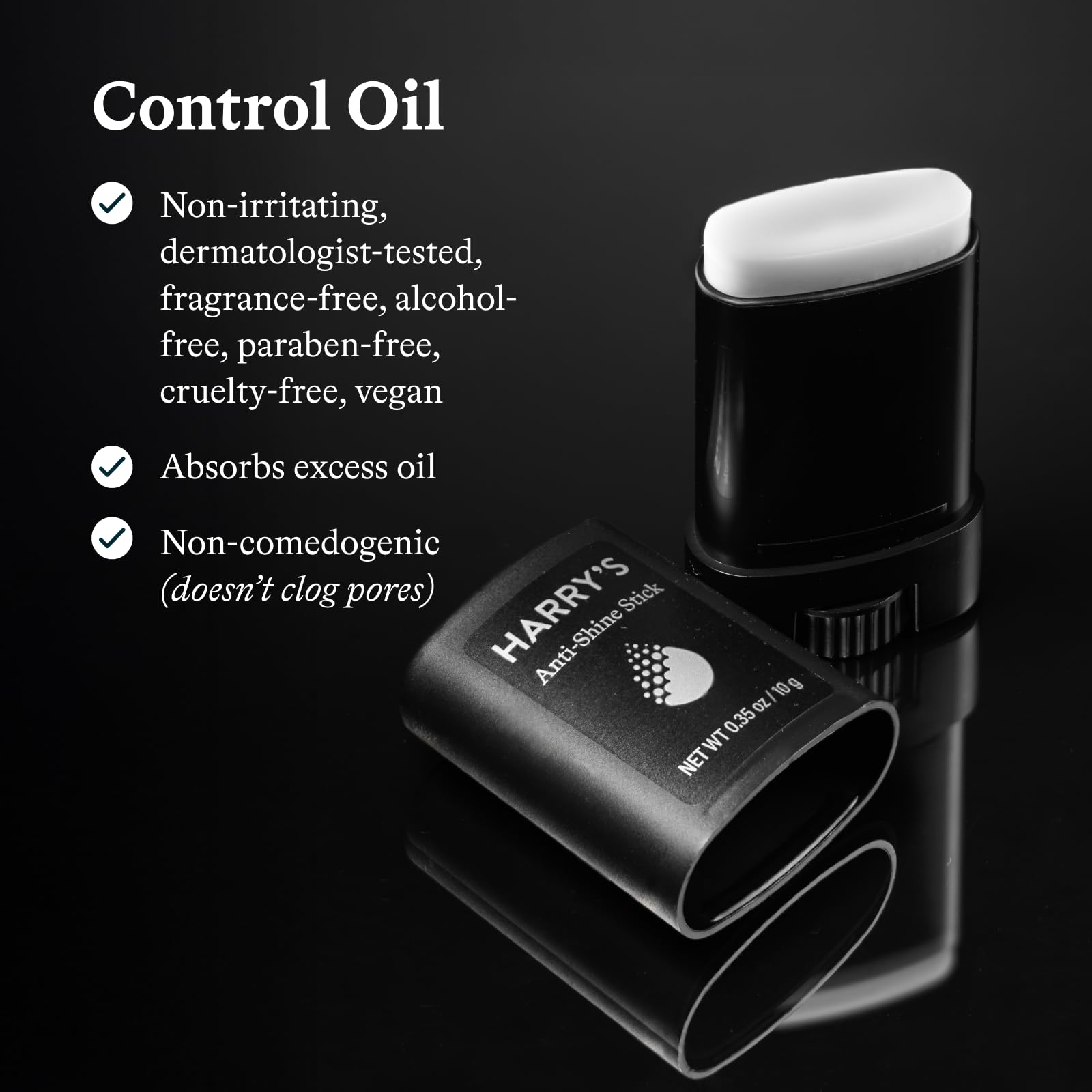 Harry's men's matte finish facial stick displaying the black packaging and white cap