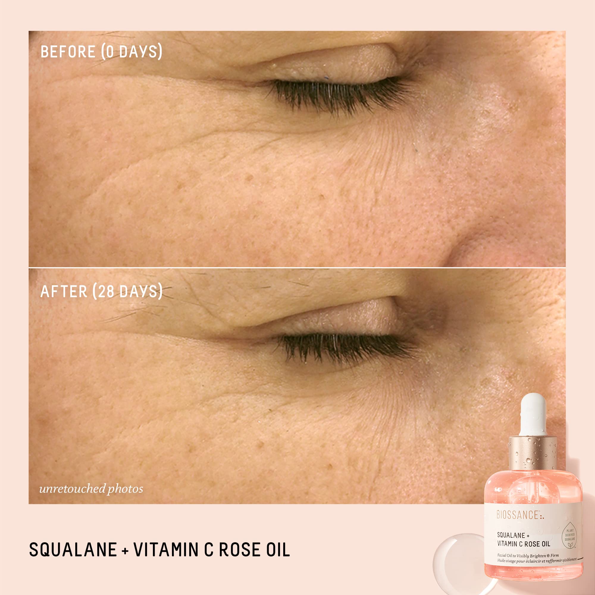 Biossance Vitamin C Rose Oil pink bottle displaying authentic clean ingredients for anti aging skincare.