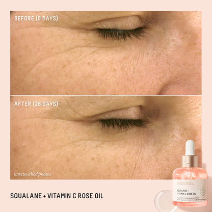 Biossance Vitamin C Rose Oil pink bottle displaying authentic clean ingredients for anti aging skincare.