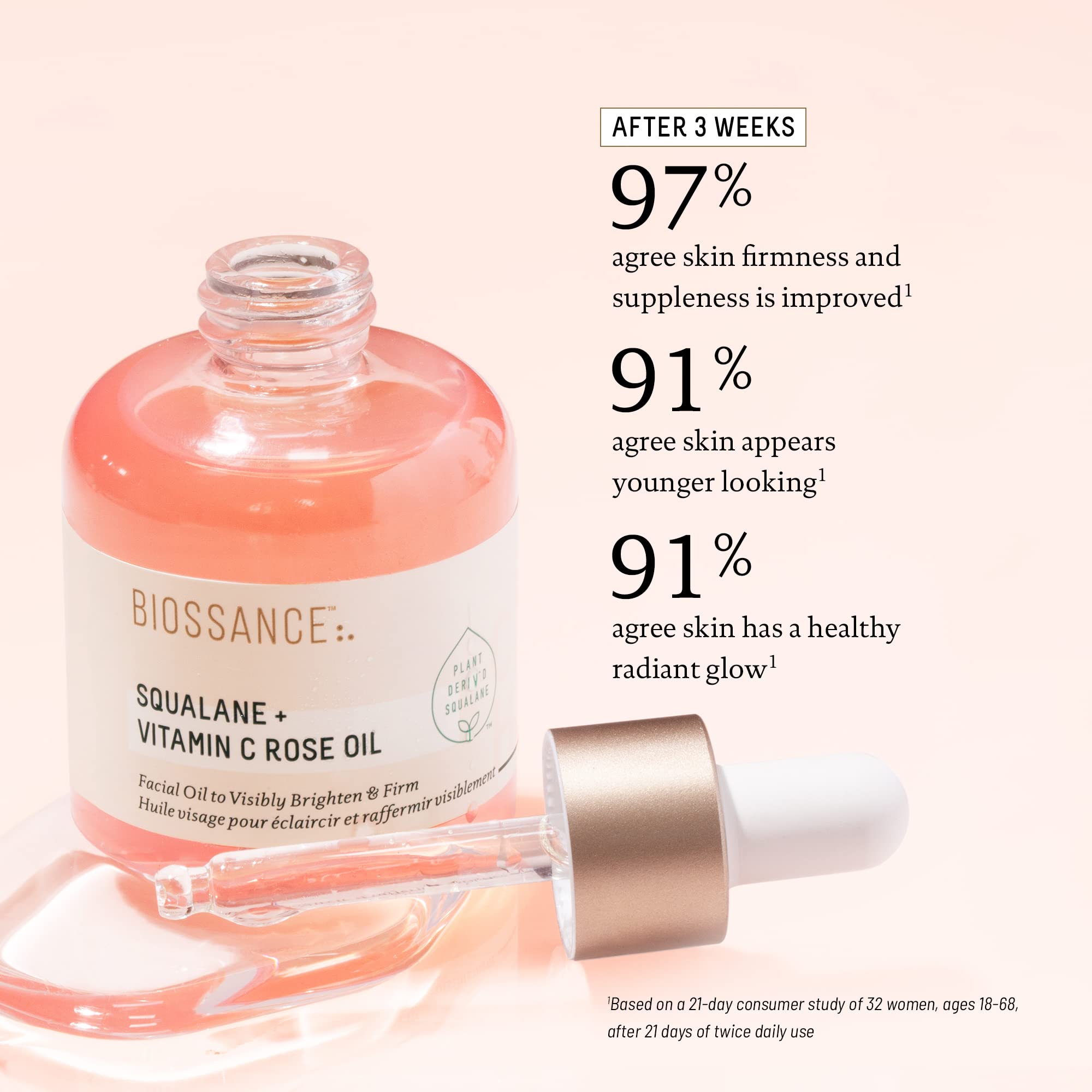 Biossance radiance enhancing facial oil packaging with Damascus rose and Chios crystal oil details.