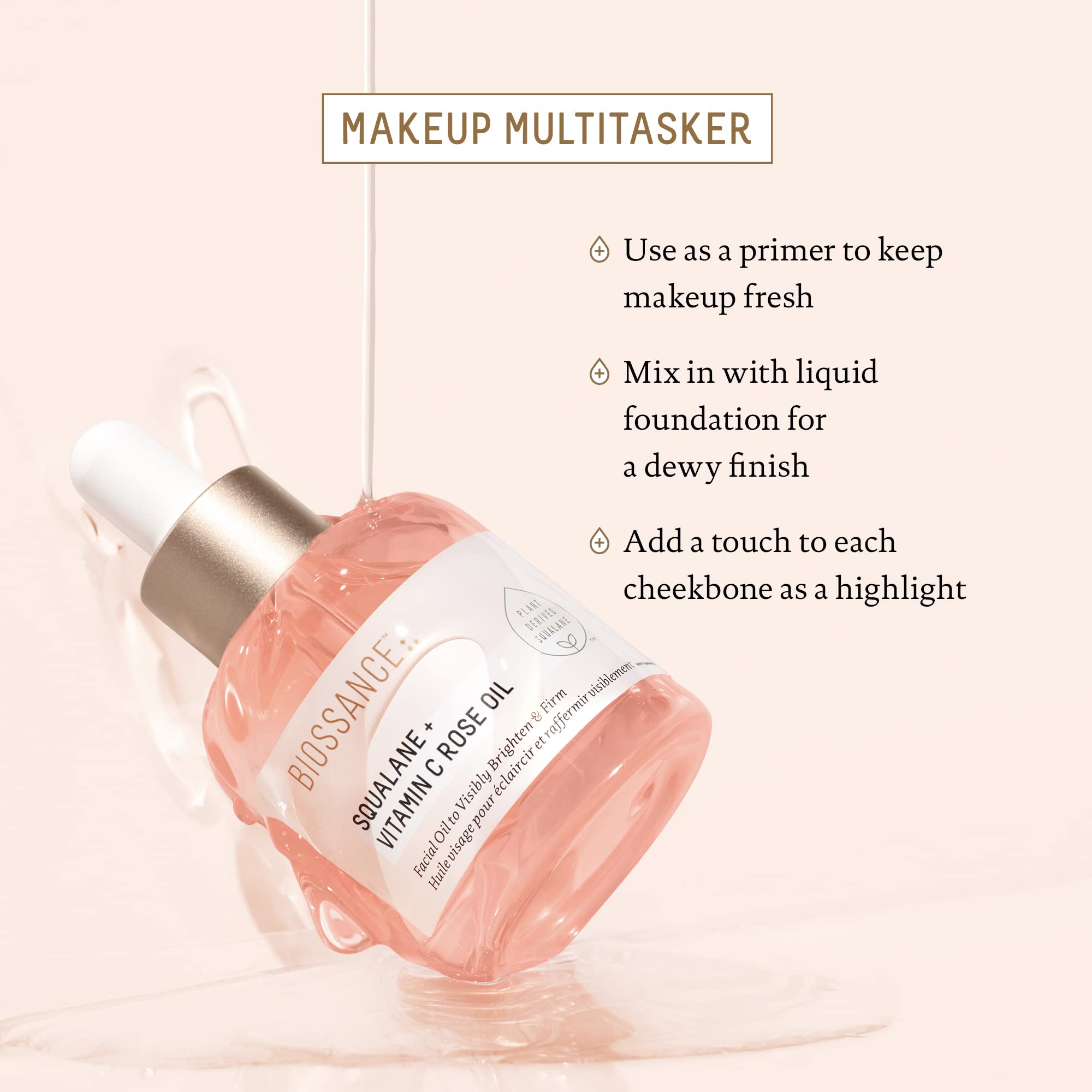 USA imported Biossance firming facial oil showcasing the premium glass droplet dispenser.